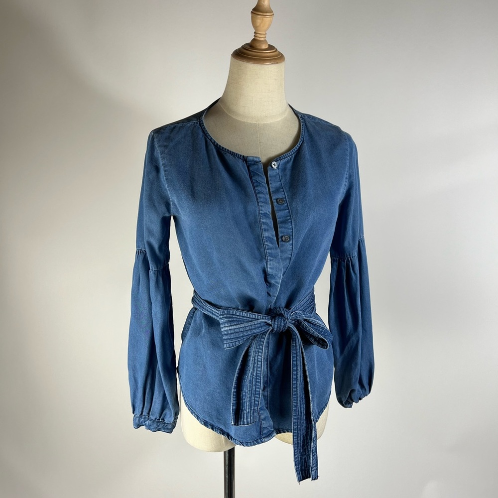 BANANA REPUBLIC Tie Waist Long Sleeve Button Front Chambray Shirt XXSP
